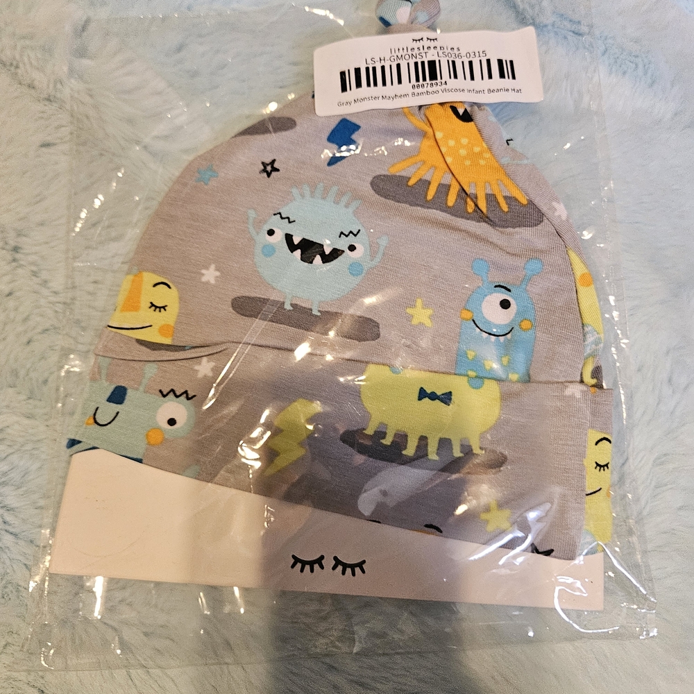 Little Sleepies Gray Baby Hat with Monster Print